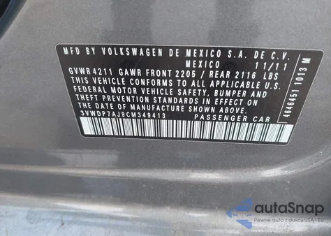 2012 Volkswagen Jetta 2.5L Se from USA, damaged, VIN 3VWDP7AJ9CM349413